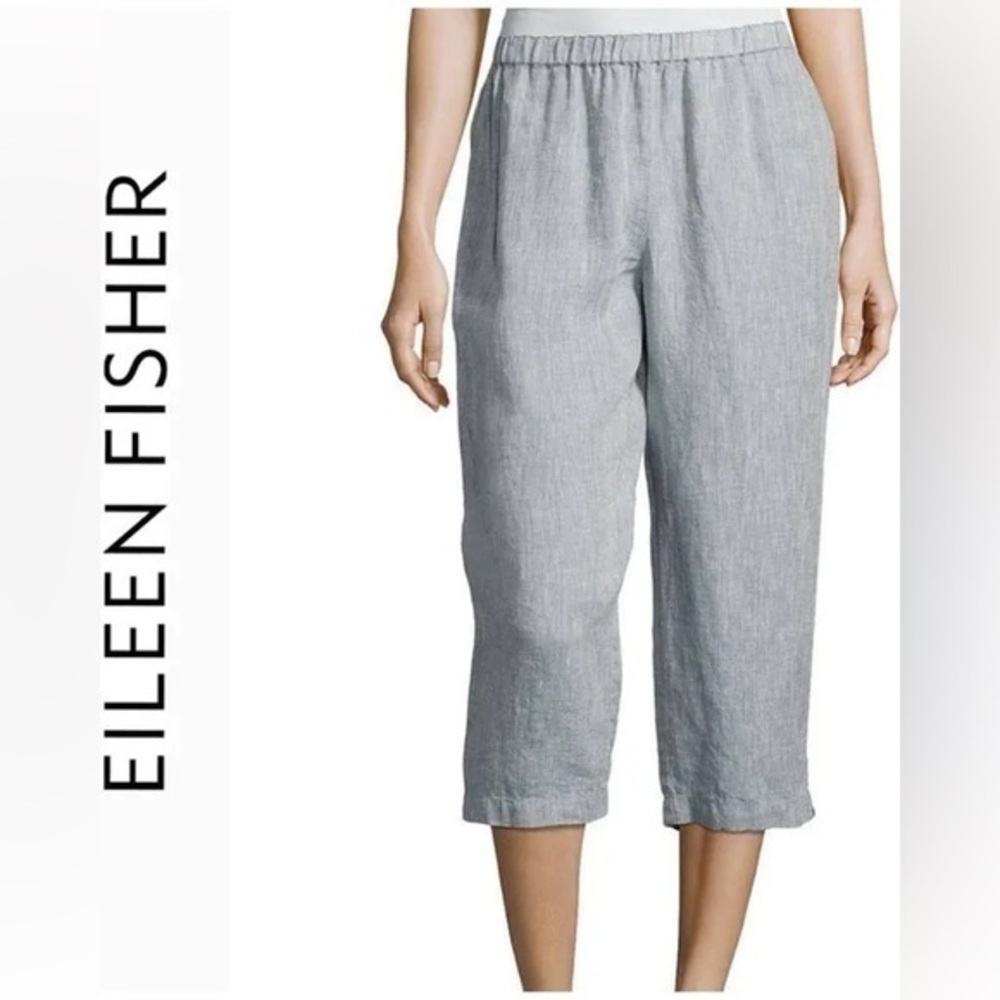 Eileen Fisher organic linen pull on blue chambray straight cropped pants 3X